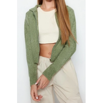 Kadın Modern Tarz Regular Kapüşonlu Crop Triko Hırka