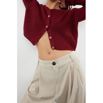 Kadın Modern Tarz Regular Bisiklet Yaka Crop Triko Hırka