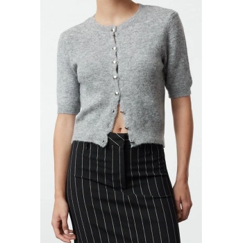 Kadın Modern Tarz Regular Bisiklet Yaka Crop Triko Hırka