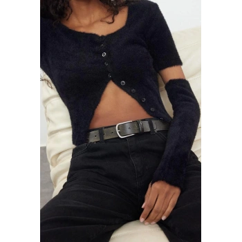 Kadın Modern Tarz Slim Kare Yaka Crop Triko Hırka