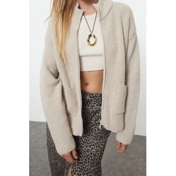 Kadın Modern Tarz Oversize Dik Yaka Regular Triko Hırka