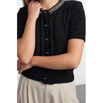 Kadın Modern Tarz Slim Bisiklet Yaka Crop Triko Hırka