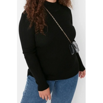 Büyük Beden Kadın Modern Tarz Rahat Uzun Yarım Balıkçı Yaka Düz Kol Regular Triko Kazak