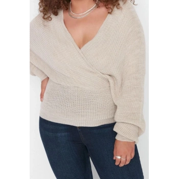 Büyük Beden Kadın Modern Tarz Rahat Uzun Kruvaze Düz Kol Regular Triko Kazak