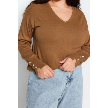 Büyük Beden Kadın Modern Tarz Rahat Uzun V Yaka Düz Kol Regular Triko Kazak