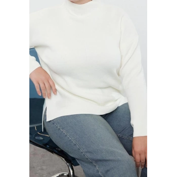 Büyük Beden Kadın Modern Tarz Rahat Uzun Yarım Balıkçı Yaka Düz Kol Uzun Triko Kazak