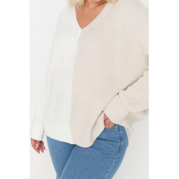 Büyük Beden Kadın Modern Tarz Rahat Uzun V Yaka Renk Bloklu Kol Regular Triko Kazak