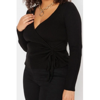 Büyük Beden Kadın Modern Tarz Rahat Uzun Kruvaze Düz Kol Crop Triko Kazak