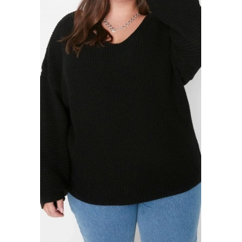 Büyük Beden Kadın Modern Tarz Rahat Uzun V Yaka Düz Kol Regular Triko Kazak