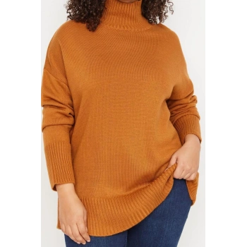 Büyük Beden Kadın Modern Tarz Rahat Uzun Yarım Balıkçı Yaka Düz Kol Uzun Triko Kazak