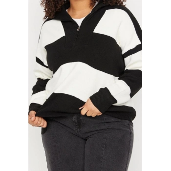 Büyük Beden Kadın Modern Tarz Rahat Uzun Polo Yaka Çizgili Kol Regular Triko Kazak