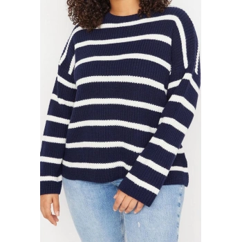 Büyük Beden Kadın Modern Tarz Rahat Uzun Bisiklet Yaka Çizgili Kol Uzun Triko Kazak
