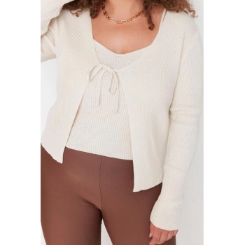 Büyük Beden Kadın Modern Tarz Rahat Uzun V Yaka Düz Kol Crop Triko Hırka Atlet Takım