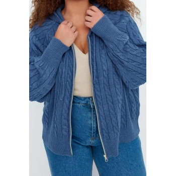 Büyük Beden Kadın Modern Tarz Rahat Uzun Kapüşonlu Saç Örgü Kol Regular Triko Hırka