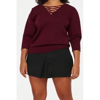 Büyük Beden Kadın Modern Tarz Rahat Uzun V Yaka Düz Kol Regular Triko Kazak