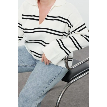 Büyük Beden Kadın Modern Tarz Rahat Uzun Polo Yaka Çizgili Kol Regular Triko Kazak