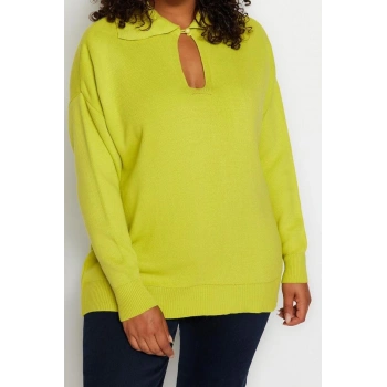 Büyük Beden Kadın Modern Tarz Rahat Uzun Polo Yaka Düz Kol Regular Triko Kazak