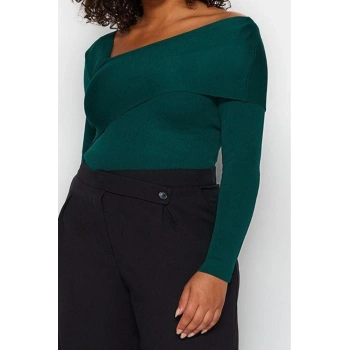 Büyük Beden Kadın Modern Tarz Rahat Uzun Asimetrik Yaka Düz Kol Regular Triko Kazak