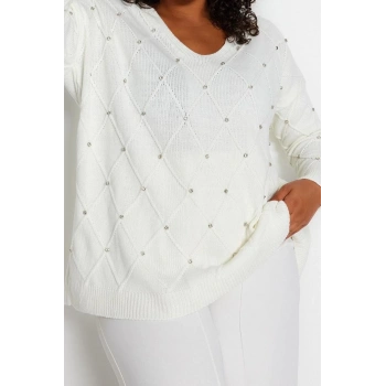 Büyük Beden Kadın Modern Tarz Rahat Uzun V Yaka Saç Örgü Kol Regular Triko Kazak