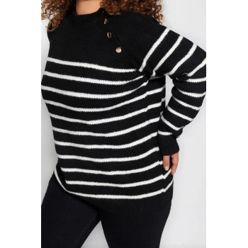 Büyük Beden Kadın Modern Tarz Rahat Uzun Bisiklet Yaka Çizgili Kol Regular Triko Kazak
