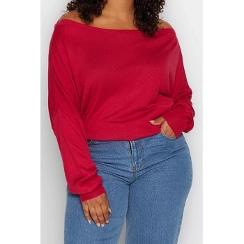 Büyük Beden Kadın Modern Tarz Rahat Uzun Carmen Yaka Düz Kol Regular Triko Kazak