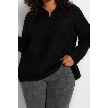 Büyük Beden Kadın Modern Tarz Rahat Uzun Düğmeli Yaka Düz Kol Uzun Triko Kazak