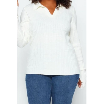 Büyük Beden Kadın Modern Tarz Rahat Uzun Polo Yaka Düz Kol Regular Triko Kazak