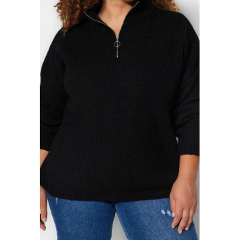 Büyük Beden Kadın Modern Tarz Rahat Uzun Fermuarlı Yaka Düz Kol Regular Triko Kazak