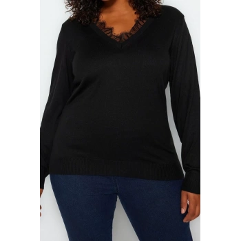Büyük Beden Kadın Modern Tarz Rahat Uzun V Yaka Düz Kol Regular Triko Kazak