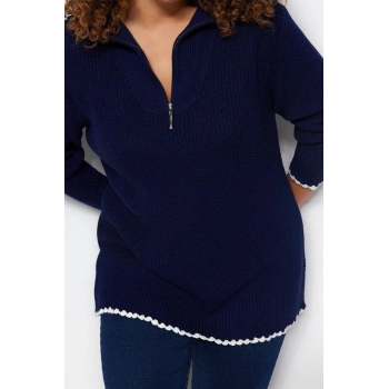 Büyük Beden Kadın Modern Tarz Rahat Uzun Dik Yaka Düz Kol Regular Triko Kazak