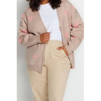 Büyük Beden Kadın Modern Tarz Rahat Uzun Ceket Yaka Kalp Kol Regular Triko Hırka