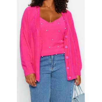 Büyük Beden Kadın Modern Tarz Rahat Uzun V Yaka Düz Kol Regular Triko Takım