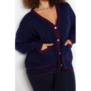 Büyük Beden Kadın Modern Tarz Rahat Uzun V Yaka Çizgili Kol Regular Triko Hırka