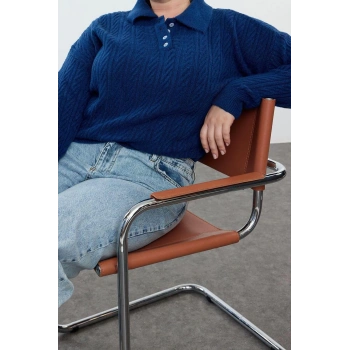 Büyük Beden Kadın Modern Tarz Rahat Uzun Polo Yaka Saç Örgü Kol Regular Triko Kazak