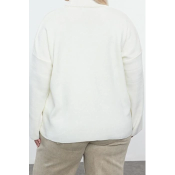 Büyük Beden Kadın Modern Tarz Rahat Uzun Balıkçı Yaka Düz Kol Regular Triko Kazak