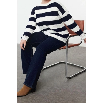 Büyük Beden Kadın Modern Tarz Rahat Uzun Bisiklet Yaka Çizgili Kol Regular Triko Kazak