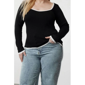 Büyük Beden Kadın Modern Tarz Rahat Uzun Kare Yaka Düz Kol Regular Triko Kazak