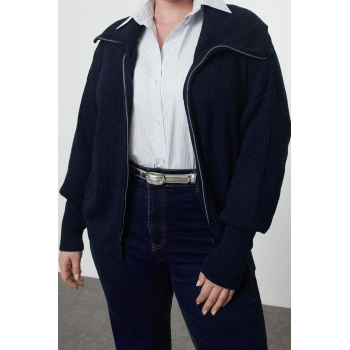 Büyük Beden Kadın Modern Tarz Rahat Uzun Devrik Yaka Düz Kol Regular Triko Hırka