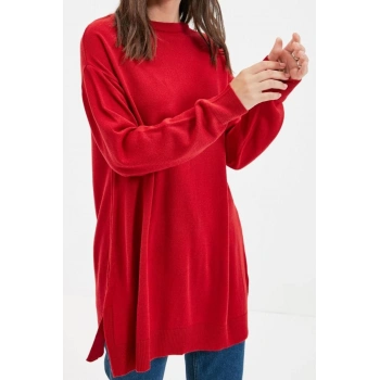 Kadın Modern Tarz Rahat Uzun Bisiklet Yaka Düz Kol Midi Triko Kazak