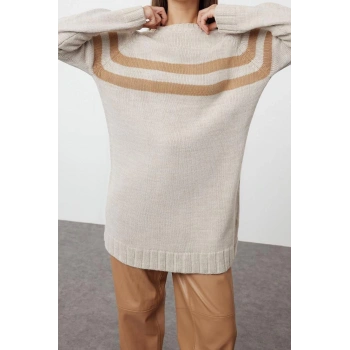 Kadın Modern Tarz Rahat Uzun Bisiklet Yaka Çizgili Kol Midi Triko Kazak