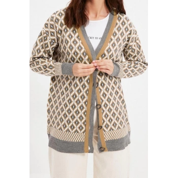 Kadın Modern Tarz Rahat Uzun V Yaka Geometrik Kol Regular Triko Hırka