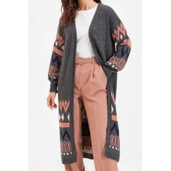 Kadın Modern Tarz Rahat Uzun V Yaka Etnik Kol Uzun Triko Hırka