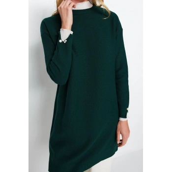 Kadın Modern Tarz Rahat Uzun Bisiklet Yaka Düz Kol Midi Triko Kazak