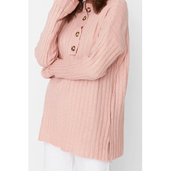 Kadın Modern Tarz Rahat Uzun Düğmeli Yaka Düz Kol Regular Triko Kazak