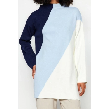 Kadın Modern Tarz Rahat Uzun Dik Yaka Renk Bloklu Kol Regular Triko Kazak