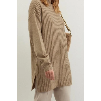 Kadın Modern Tarz Rahat Uzun Dik Yaka Düz Kol Midi Triko Kazak