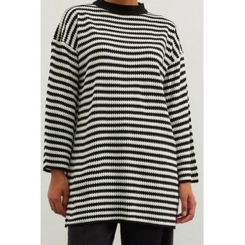 Kadın Modern Tarz Rahat Uzun Bisiklet Yaka Çizgili Kol Midi Triko Kazak