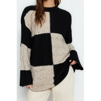 Kadın Modern Tarz Rahat Uzun Bisiklet Yaka Renk Bloklu Kol Midi Triko Kazak