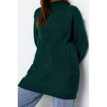 Kadın Modern Tarz Rahat Uzun Yarım Balıkçı Yaka Saç Örgü Kol Midi Triko Kazak