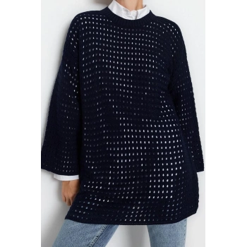 Kadın Modern Tarz Rahat Uzun Bisiklet Yaka Ajurlu Kol Regular Triko Örgü Kazak